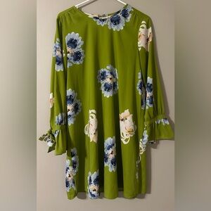 LOFT size XS lime green with floral print, 3/4 length sleeved mini dress.